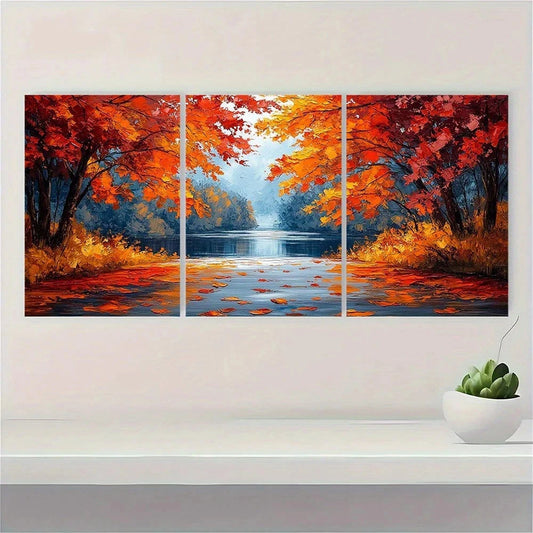 3pcs Lake Scenery Modern Trees Autumn Leaf Metal Print Ready to Hang Art