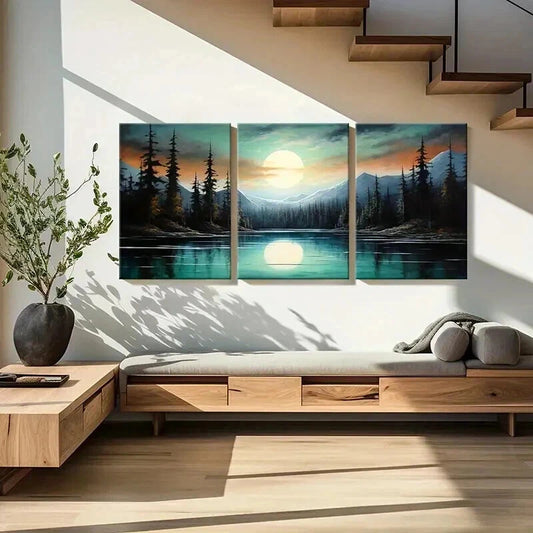 3pcs Mountains River Trees Moon Nature Landscape Wall Art Set Canvas Framed 40x60cm - High Quality Print 100% Australian Made Wall Canvas Ready to Hang