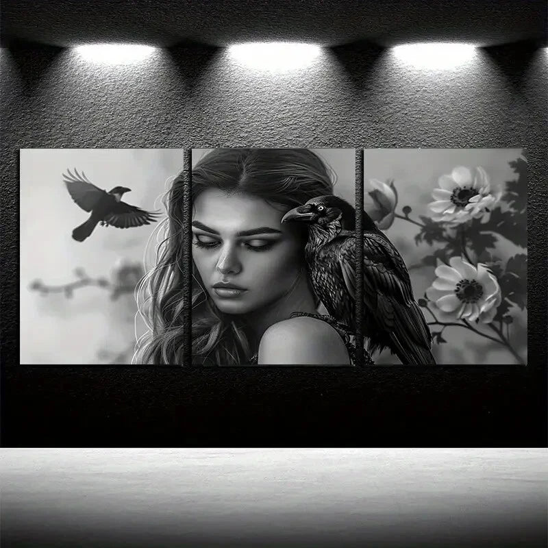 3pcs Girls and Crows Theme, Modern Design Metal Print Ready to Hang Art