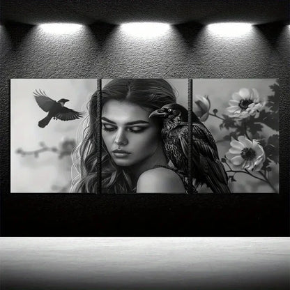 3pcs Girls and Crows Theme, Modern Design Metal Print Ready to Hang Art