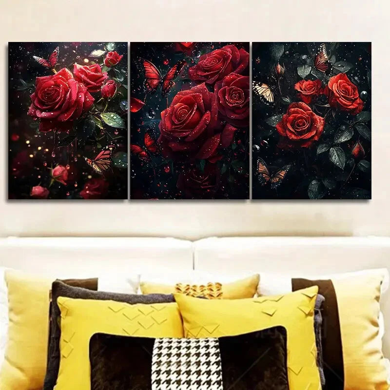 3pcs Red Roses Rain Green Leaves Metal Print Ready to Hang Art