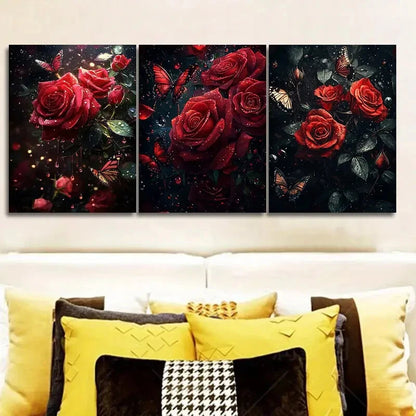 3pcs Red Roses Rain Green Leaves Metal Print Ready to Hang Art