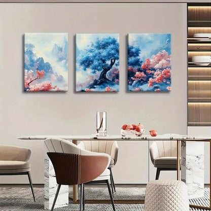 3pcs Traditional Chinese Landscape Blue And Pink Metal Print Ready to Hang Art