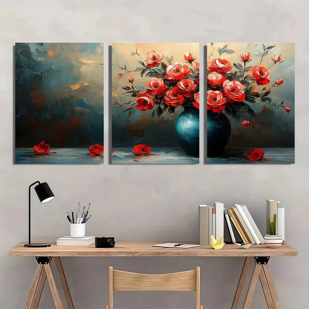 3pcs Modern Abstract Vases And Floral Metal Print Ready to Hang Art