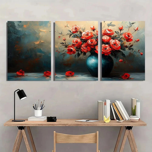 3pcs Modern Abstract Vases And Floral Metal Print Ready to Hang Art