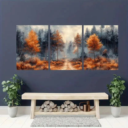 3pcs Woodland Watercolor with Elegant Brown Trees Metal Print Ready to Hang Art