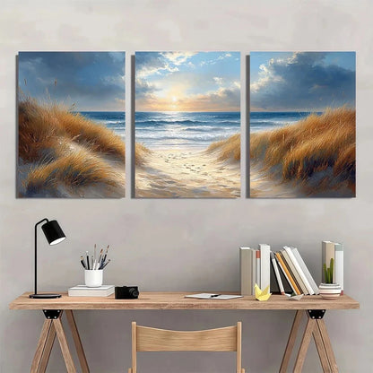 Three-panel wall art of a beach scene above a wooden desk with office supplies.