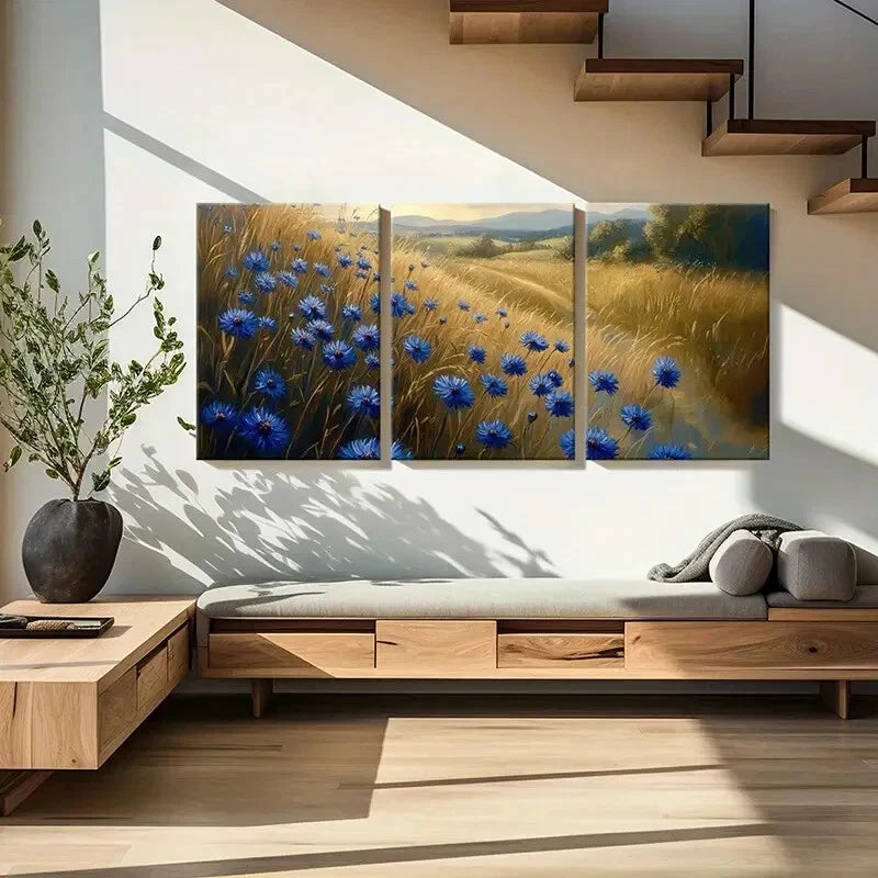 3pcs Blue Cornflower & Golden Wheat Field Metal Print Ready to Hang Art