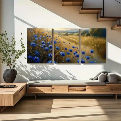 3pcs Blue Cornflower & Golden Wheat Field Metal Print Ready to Hang Art