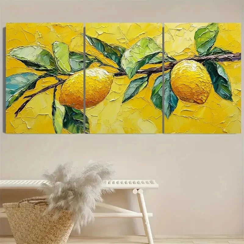 3pcs Vibrant Lemon Fruit Citrus Tree Illustration Metal Print Ready to Hang Art