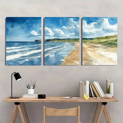 3pcs Coastal Green Hills Watercolor Metal Print Ready to Hang Art