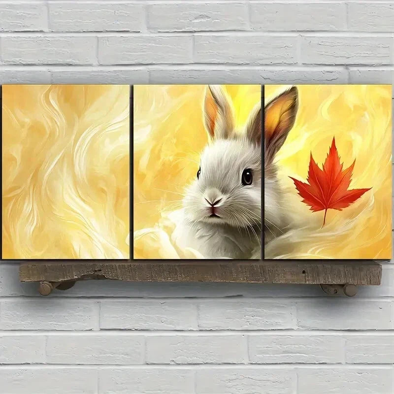 3pcs Maple Red Leaf And Rabbit Wall Art Set Canvas Framed 60x90cm - High Quality Print 100% Australian Made Wall Canvas Ready to Hang