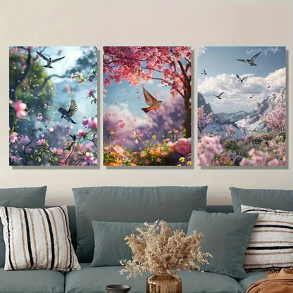 3pcs Plant Flowers And Birds Animal Art Peach Metal Print Ready to Hang Art