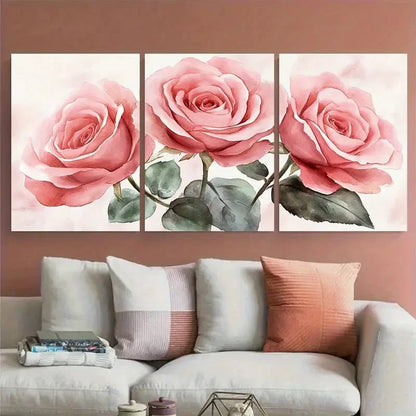 3pcs Blush Pink Rose Bouquet Watercolor Design Metal Print Ready to Hang Art