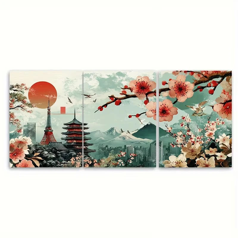 3pcs Cherry Blossom & Pagoda Scenery Metal Print Ready to Hang Art