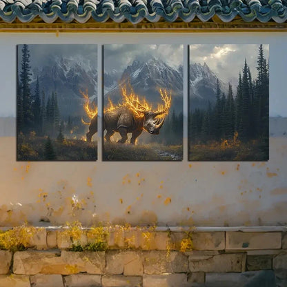 3pcs Savage Fire Rhinoceros Illustration Metal Print Ready to Hang Art