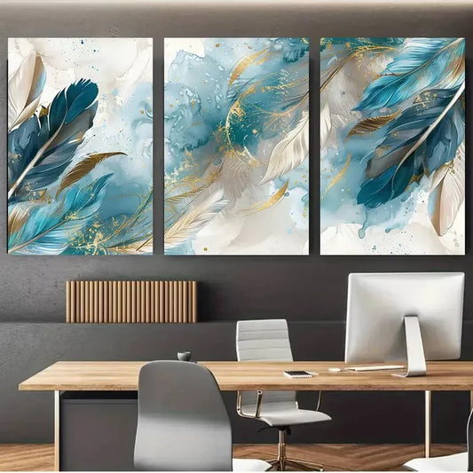 3pcs Blue & White Feathers Abstract Canvas Framed 40x60cm - High Quality Print 100% Australian Made Wall Canvas Ready to Hang