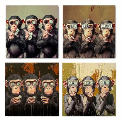 4pcs Funny Monkey Elegant Modern Wall Art Canvas Framed