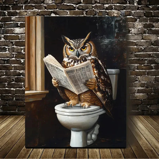 Contemporary Owl Reading Newspaper Painting 40x60cm Metal Print Ready to Hang