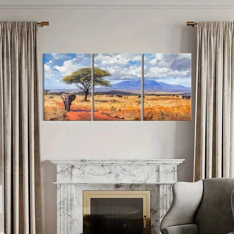 3pcs African Landscape Elephant Acacia Tree Metal Print Ready to Hang Art