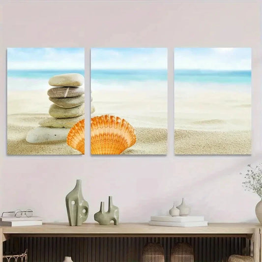 3pcs Beach Zen Stone Stack and Seashell Metal Print Ready to Hang Art