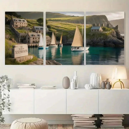 3pcs Sailboats Natural Landscape Painting Metal Print Ready to Hang Art