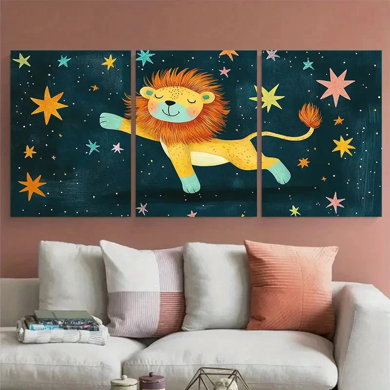 3pcs Little Lion Dancing Nursery Design Wall Art Set Canvas Framed 40x60cm - High Quality Print 100% Australian Made Wall Canvas Ready to Hang