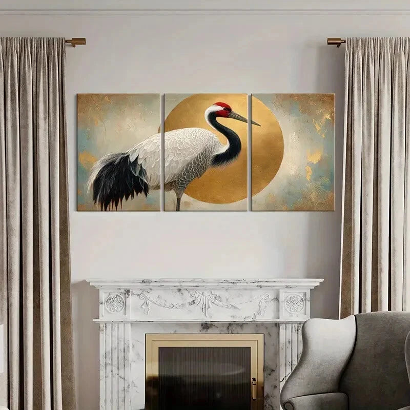 3pcs Elegant Crane Art Golden Circle Design Metal Print Ready to Hang Art