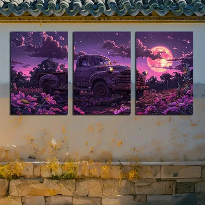 3pcs Rusty Trucks, Half Buried on The Grass Design Metal Print Ready to Hang Art