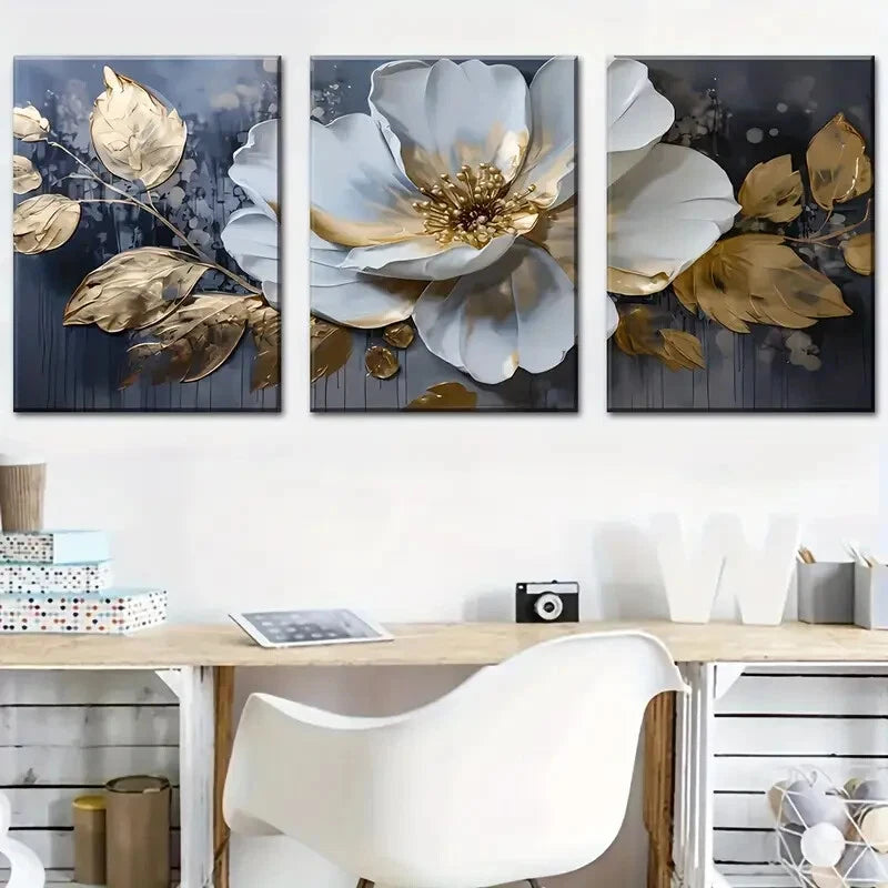3pcs   Modern Abstract Floral Big White Flowers  Metal Print Ready to Hang Art