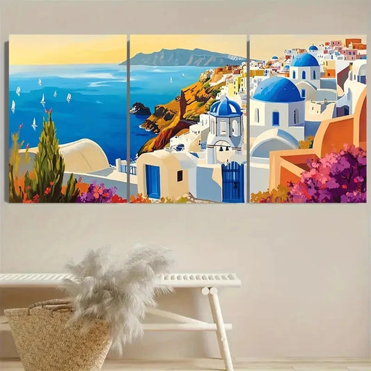 3pcs Greece Travel Mykonos Santorini Wall Art Set Canvas Framed 40x60cm - High Quality Print 100% Australian Made Wall Canvas Ready to Hang