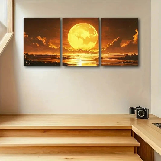 3pcs Vibrant Moonrise Over Golden Sunset Wall Art Set Canvas Framed 40x60cm - High Quality Print 100% Australian Made Wall Canvas Ready to Hang