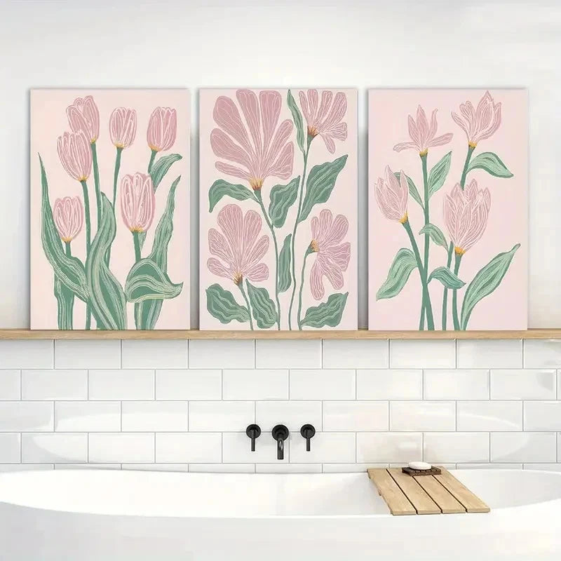 3pcs Boho Pink Tulips d Floral Botanical Painting Metal Print Ready to Hang Art