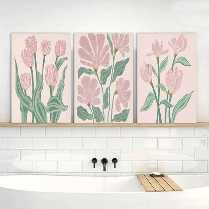 3pcs Boho Pink Tulips d Floral Botanical Painting Metal Print Ready to Hang Art