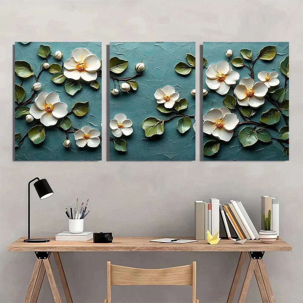 3pcs White Floral Painting Green Leaves Botanical Metal Print Ready to Hang Art