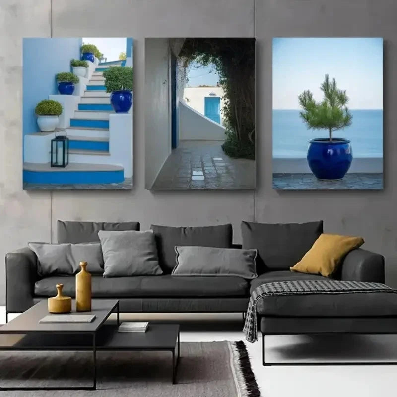 3pcs White Walls Mediterranean Blue Pottery Metal Print Ready to Hang Art