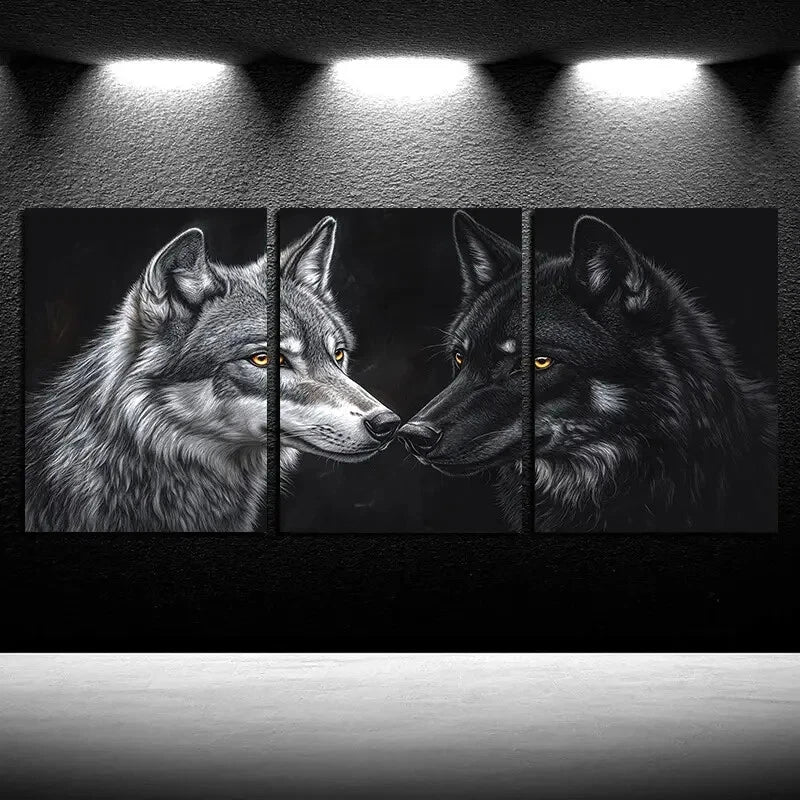 3pcs Two Wolves with Yellow Eyes Illustration Metal Print Ready to Hang Art