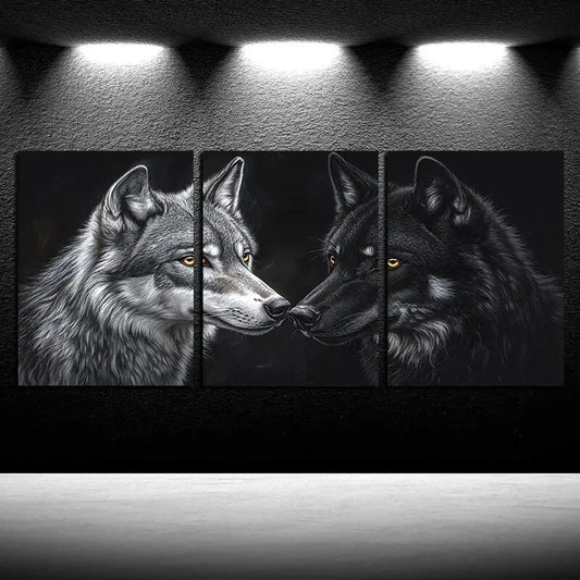 3pcs Two Wolves with Yellow Eyes Illustration Metal Print Ready to Hang Art