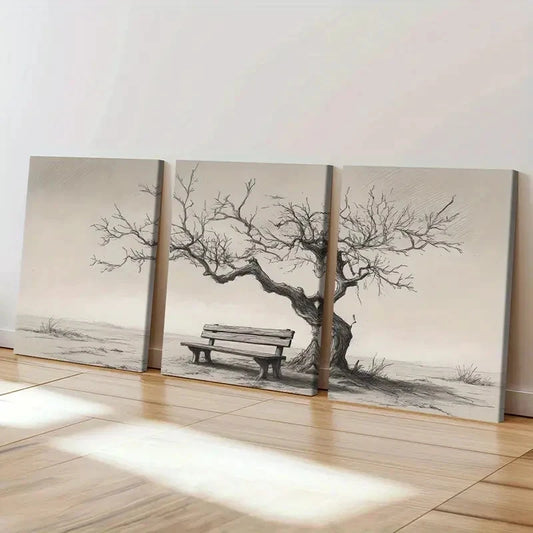 3pcs Black & White Tree Bench Landscape Wall Art Set Canvas Framed 60x90cm - High Quality Print 100% Australian Made Wall Canvas Ready to Hang