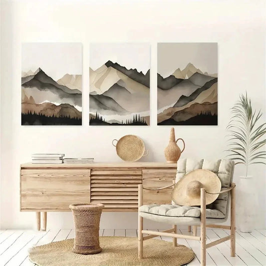 3pcs Beige and Gray Mountain Forest Metal Print Ready to Hang Art