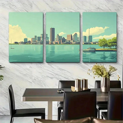 3pcs Boston Skyline Travel Poster Modern Eclectic Metal Print Ready to Hang Art