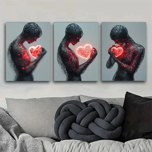 3pcs Wireframe Figure with Glowing Red Heart Metal Print Ready to Hang Art