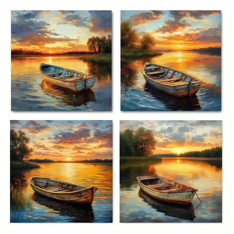 4pcsRustic Lakeside SunsetWall Art Canvas Framed