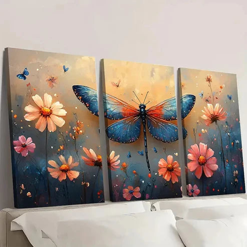 3pcs Dragonfly Painting Wildflowers TY Wall Art Set Canvas Unframed - High Quality Print 100% Australian Made Wall Canvas