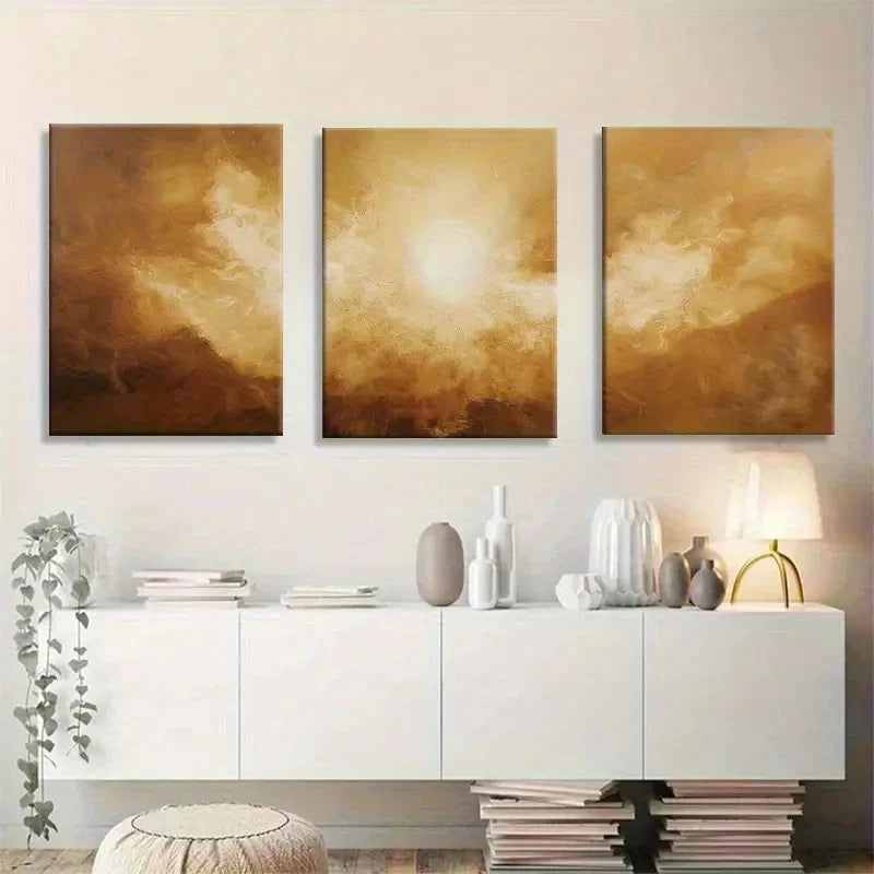 3pcs Glamorous Golden Sunlight Abstract Metal Print Ready to Hang Art