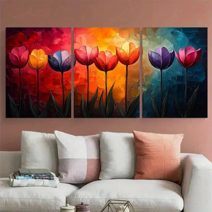 3pcs Colorful Abstract Glass Tulips Design Metal Print Ready to Hang Art