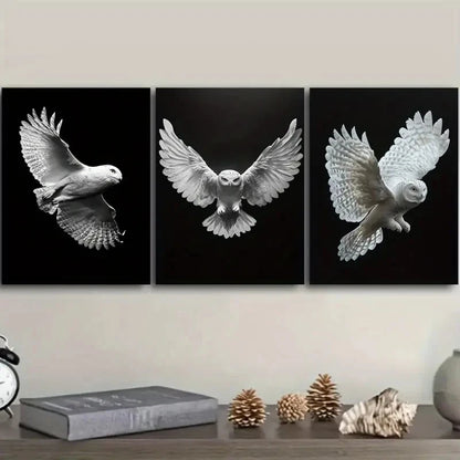 3pcs White Owl - Art Deco Modern Contemporary Metal Print Ready to Hang Art