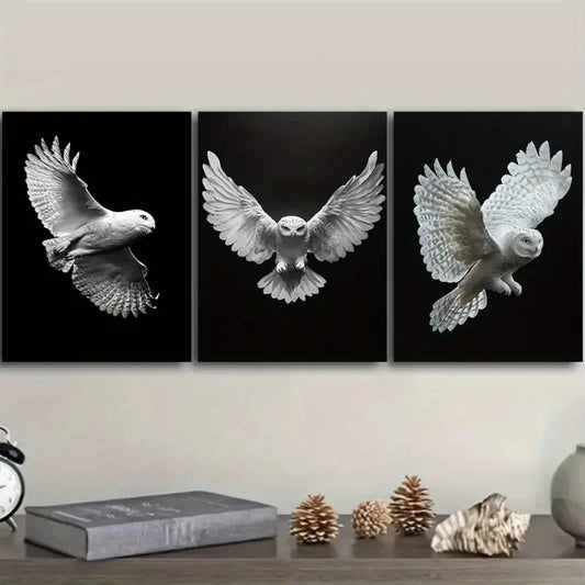 3pcs White Owl - Art Deco Modern Contemporary Metal Print Ready to Hang Art