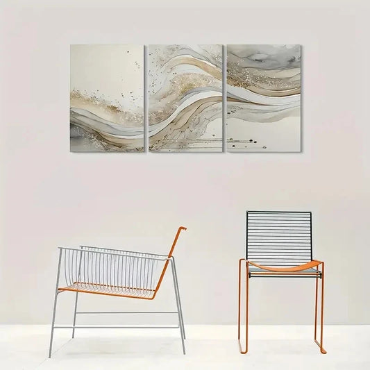 3pcs Golden & White Swirl Design Metal Print Ready to Hang Art