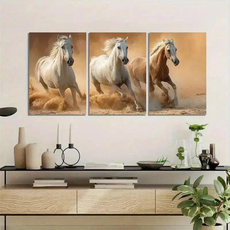 3pcs Three White Horses and One Brown Galloping Metal Print Ready to Hang Art